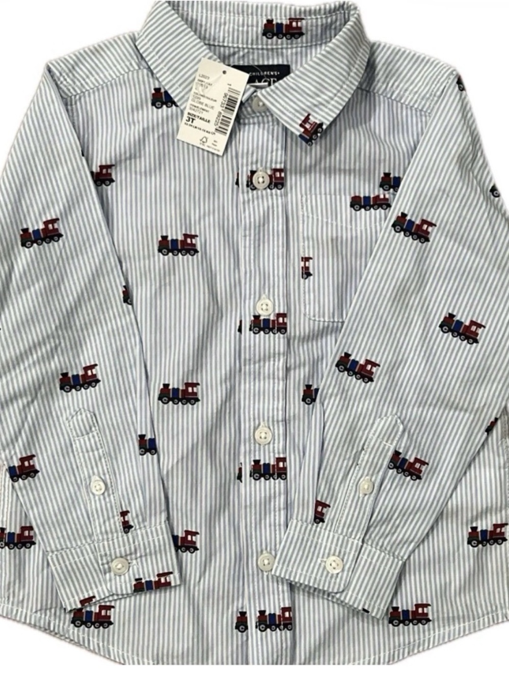 NWT Children’s Place Toddler Boy Long Sleeve Striped Train Print Button Up Shirt